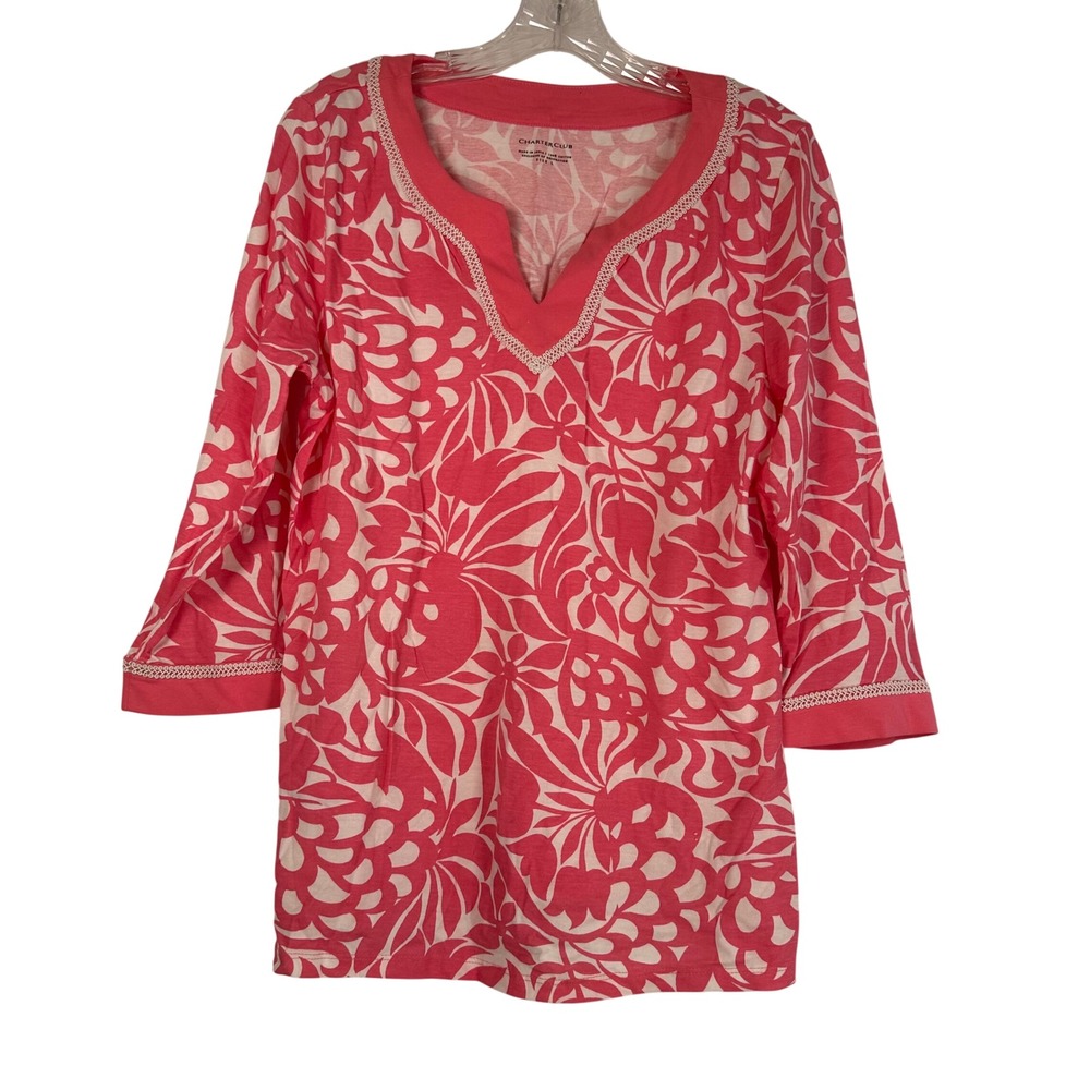 Charter Club Pink White Floral Cotton Tunic Top Crochet Trim 3/4 Sleeve Large